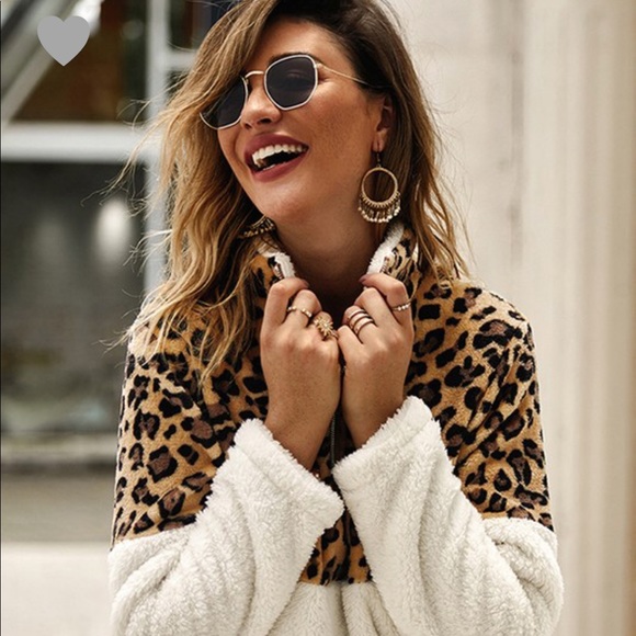 Leopard Sherpa Quarter Zip Teddy Pullover - Picture 3 of 8